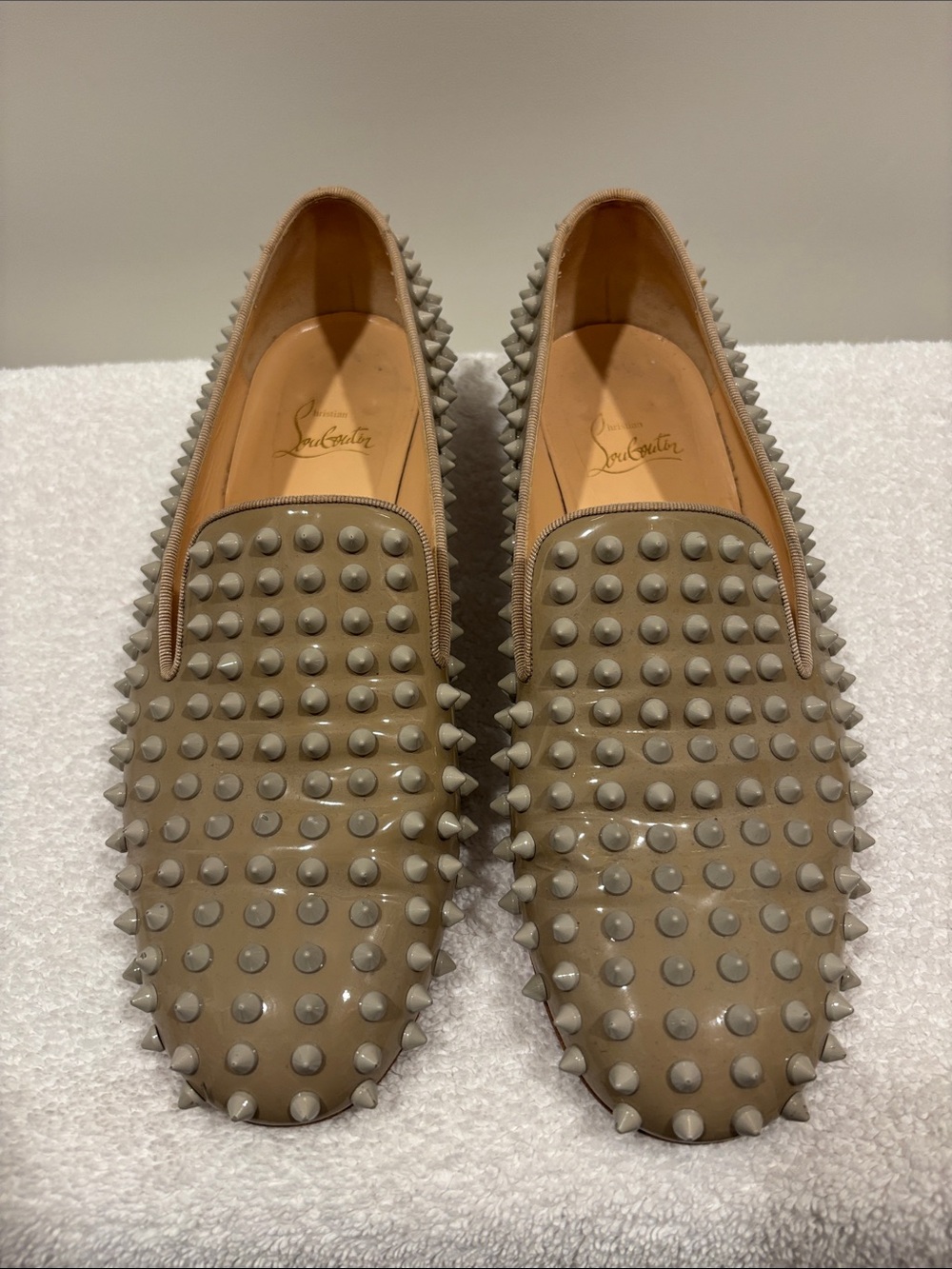 Christian Louboutin Beige Patent Spike Loafers